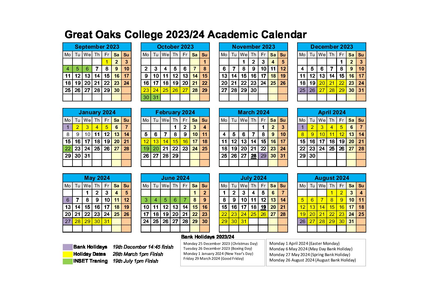 Term Dates - Great Oaks College, Great Oaks College