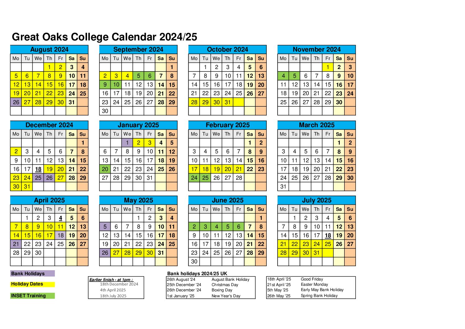 Term Dates - Great Oaks College, Great Oaks College